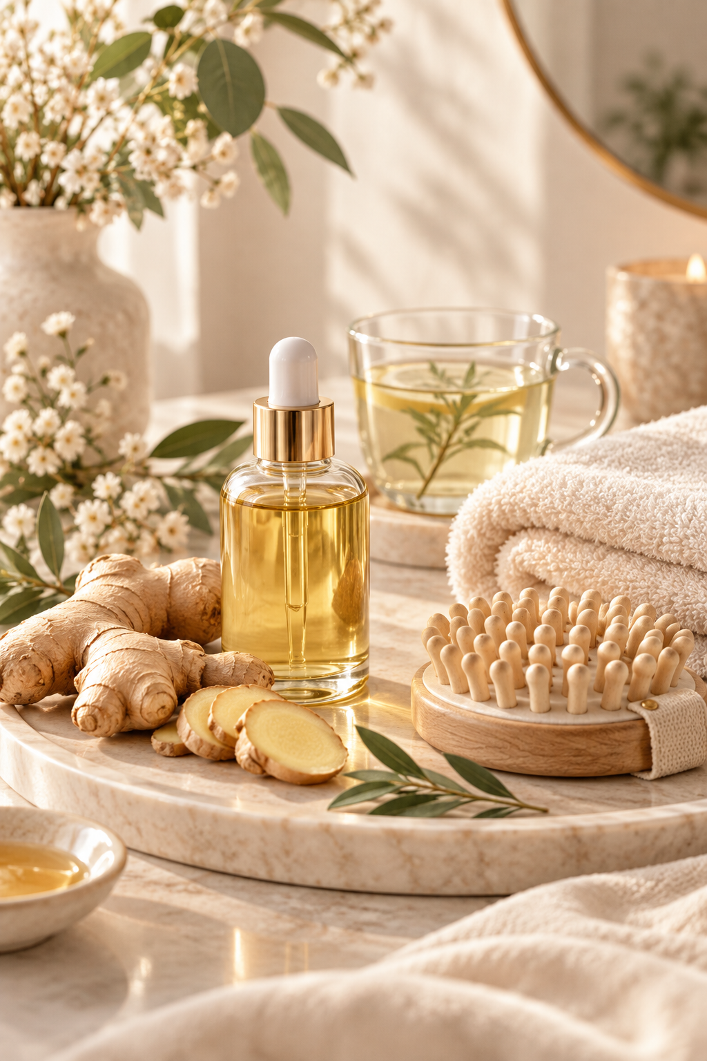 Huile de soin, gingembre, accessoire de massage et tisane pour une routine bien-être