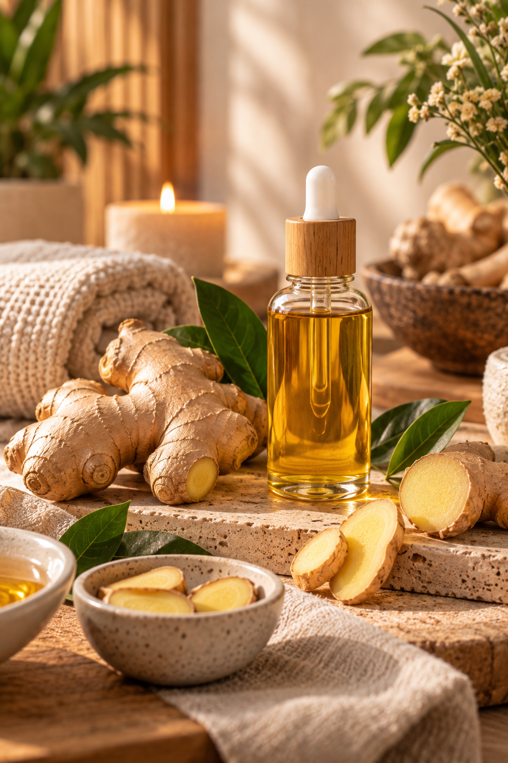 Gingembre frais et huile de soin dans une ambiance bien-être naturelle