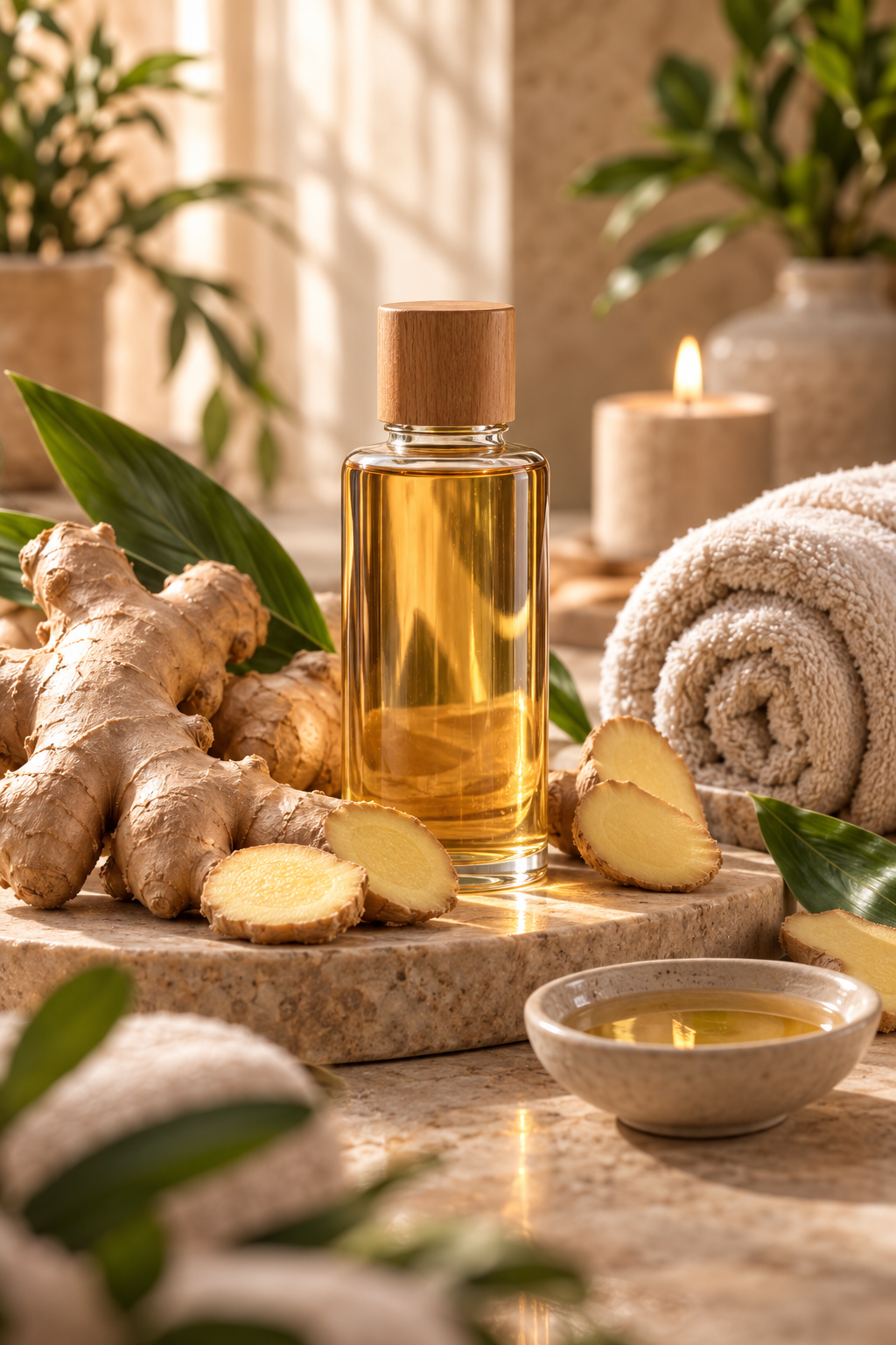 Gingembre frais et huile de soin dans une ambiance bien-être premium