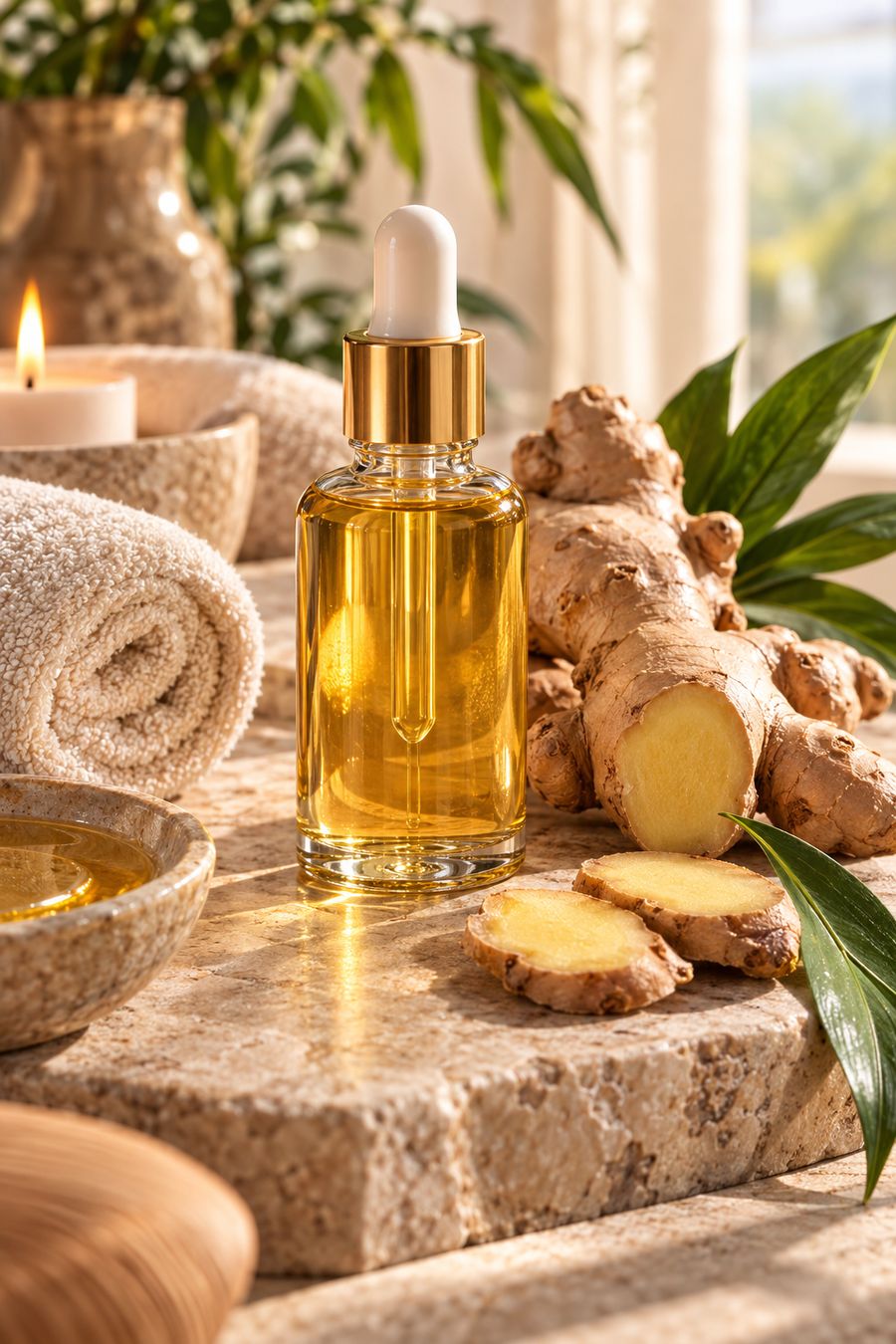 Huile de gingembre en flacon dans une ambiance spa naturelle