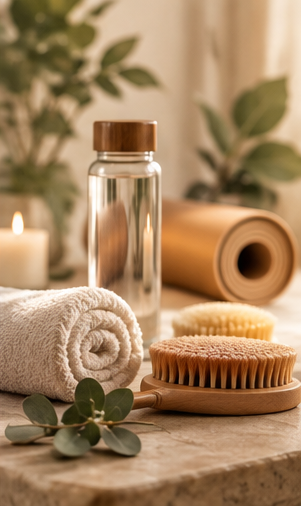 Routine bien-être avec brosse à sec, serviette et accessoires
