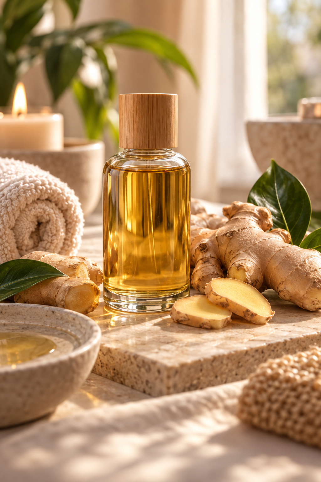 Huile de gingembre et gingembre frais illustrant une routine de massage chauffante