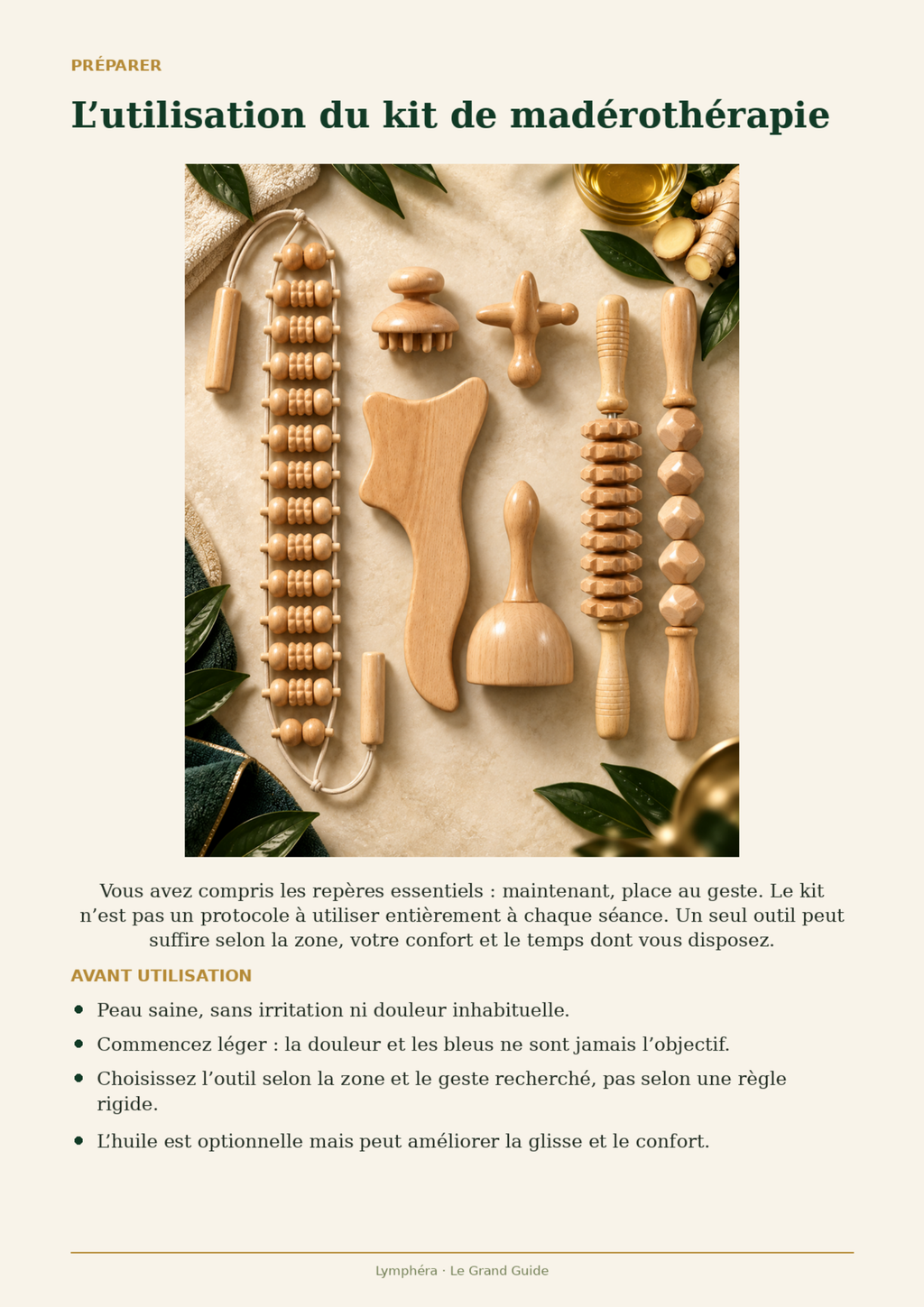 Illustration des accessoires du kit de madérothérapie présentés dans le guide