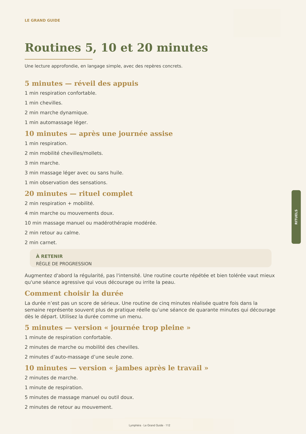 Exemples de routines de madérothérapie de 5, 10 ou 20 minutes