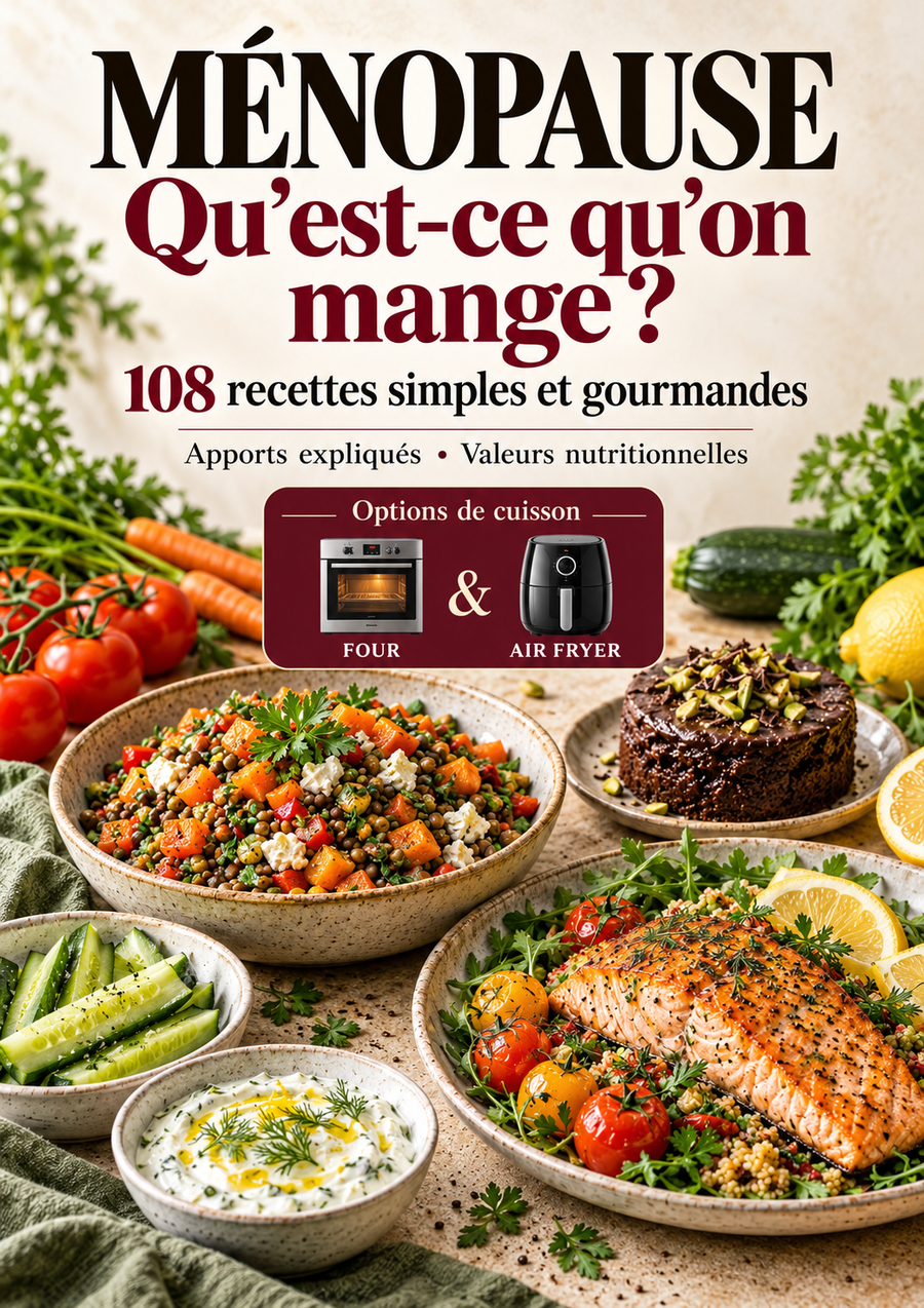 Couverture de l’e-book « Ménopause, qu’est-ce qu’on mange ? », avec 108 recettes simples et gourmandes